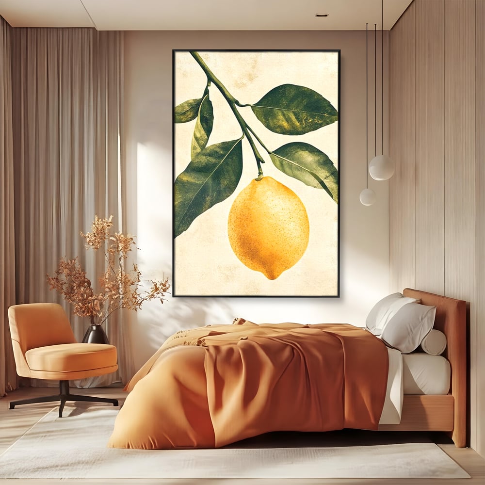 Tablou canvas cu ilustratie botanica cu lamaie si frunze, in rama de aluminiu negru, pe perete intr-un dormitor